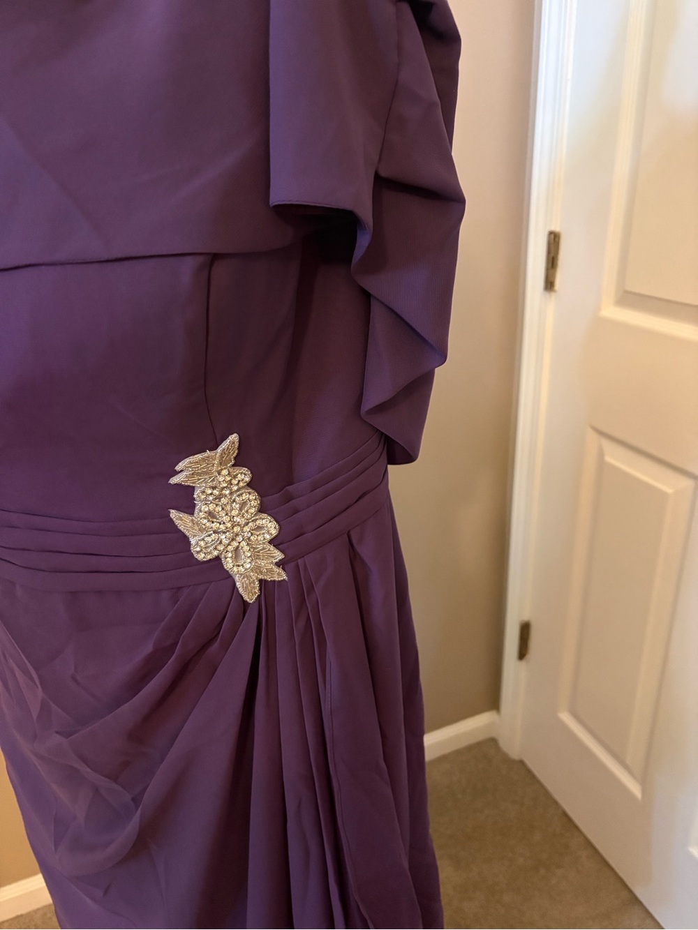 Chiffon Off-Shoulder Purple Evening Dress with Side Ruffle and Embellishment - Picture 5 of 7
